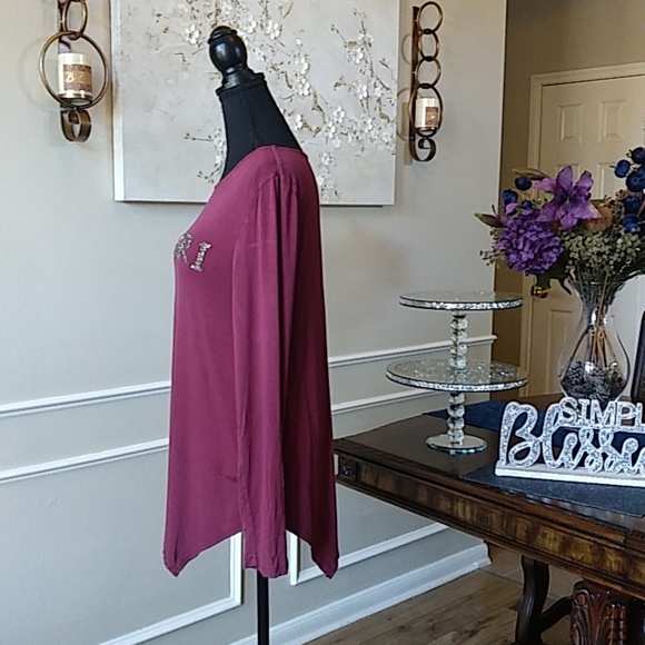Burgundy Asymmetrical Long Sleeves Embellished Top By Tahari. Size L - Picture 7 of 17